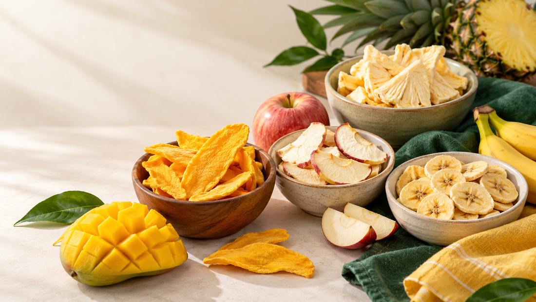 Illustrative bowls of freeze-dried mango, apple, banana and pineapple beside fresh fruit