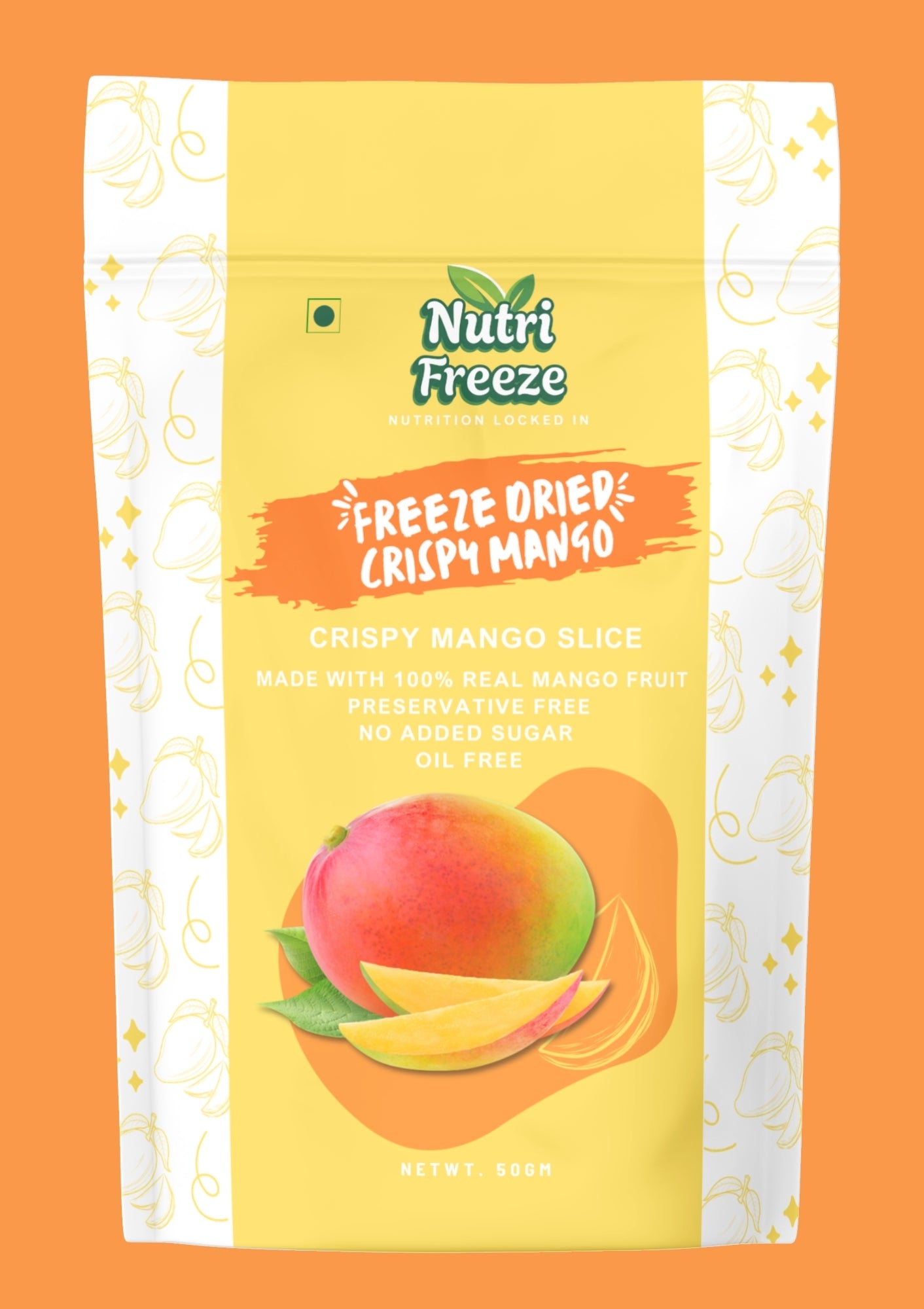 Nutri Freeze 50g freeze dried crispy mango snack made from 100 percent real Bangladeshi mango with no added sugar or preservatives. For your back label image write. Nutri Freeze freeze dried mango nutrition facts showing 190 calories 100 percent daily Vitamin C and zero added sugar per 50g serving. For any lifestyle image write something like. Crispy freeze dried mango slices from Nutri Freeze Bangladesh healthy natural snack with no sugar.
