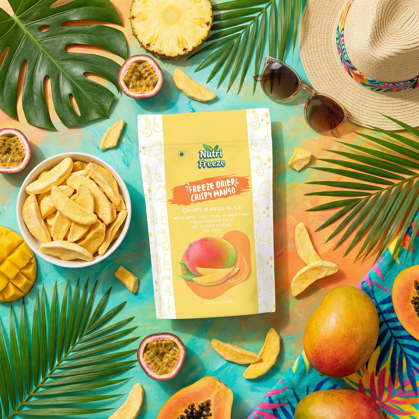Nari Freeze freeze-dried mango package surrounded by tropical fruits and leaves on a colorful background