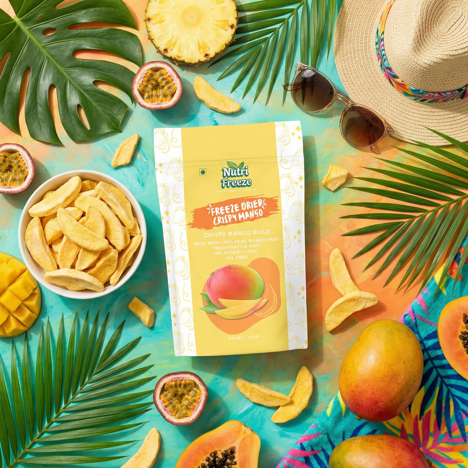 Nari Freeze freeze-dried mango package surrounded by tropical fruits and leaves on a colorful background