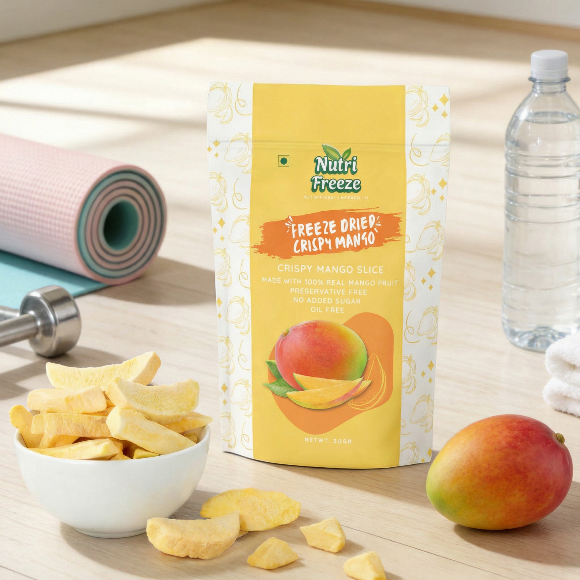 Nutri Freeze freeze-dried crispy mango slices with packaging, bowl of mango slices, and a mango on a wooden surface.