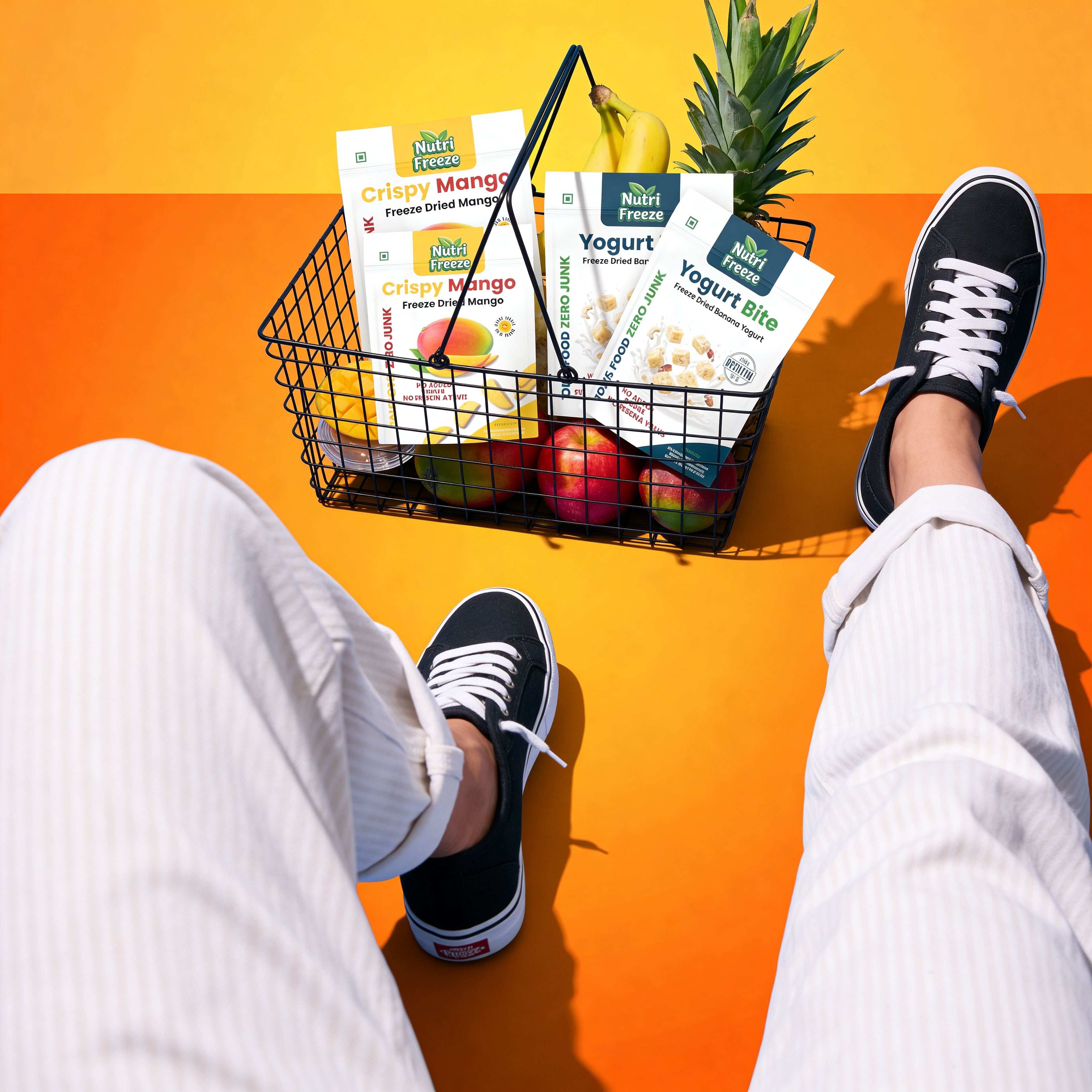 A top-down point of view of a person's legs in white pants and black sneakers, with a black wire basket between their feet holding Nutri Freeze Crispy Mango and Yogurt Bite pouches alongside fresh apples, bananas, and a pineapple.
