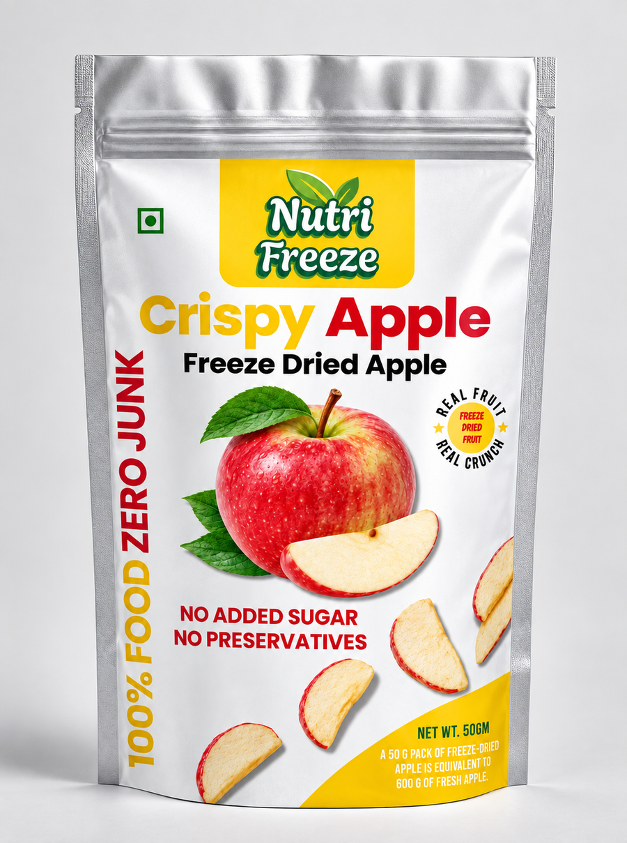 NutriFreeze Crispy Apple Slices 50 g freeze-dried fruit in a silver pouch, front view