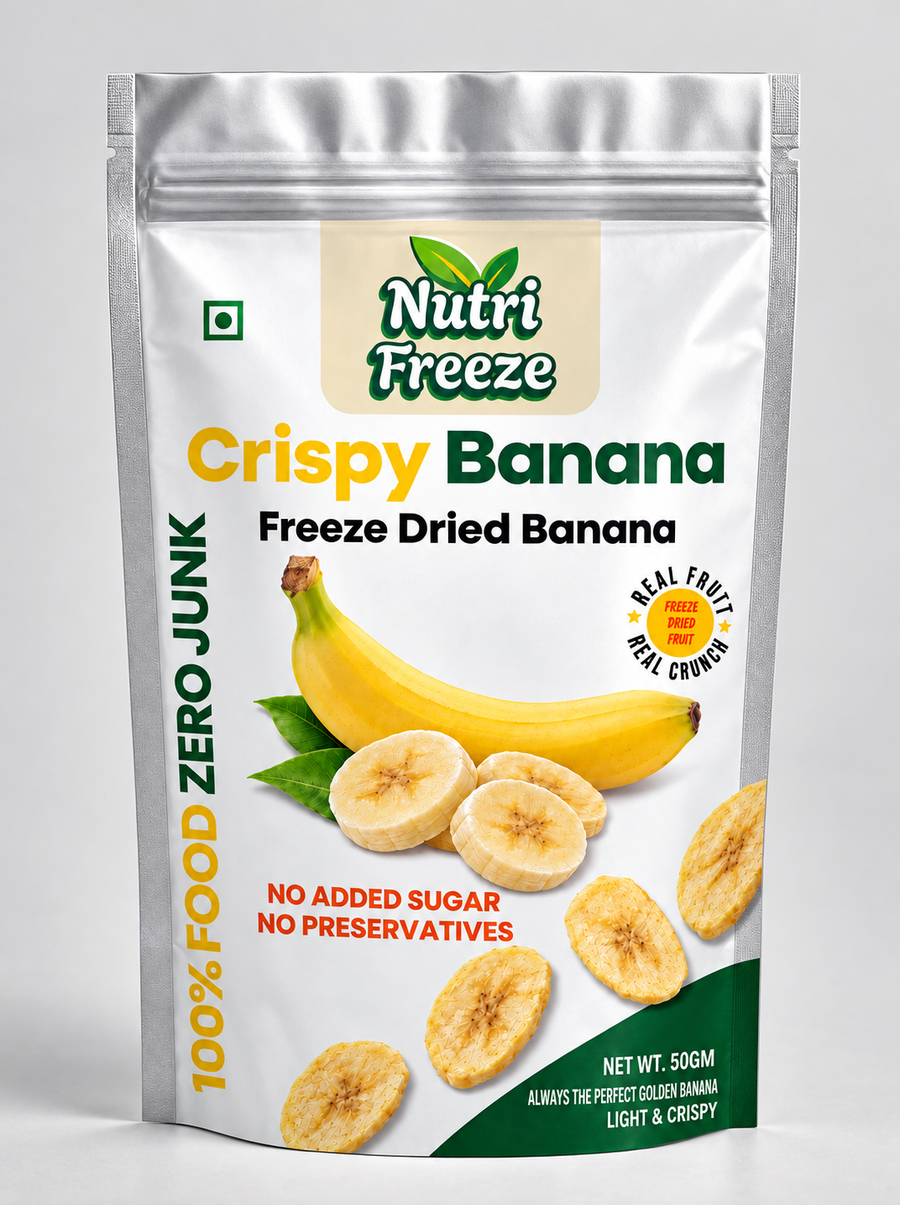 NutriFreeze Crispy Banana Slices 50 g freeze-dried fruit in a silver pouch, front view
