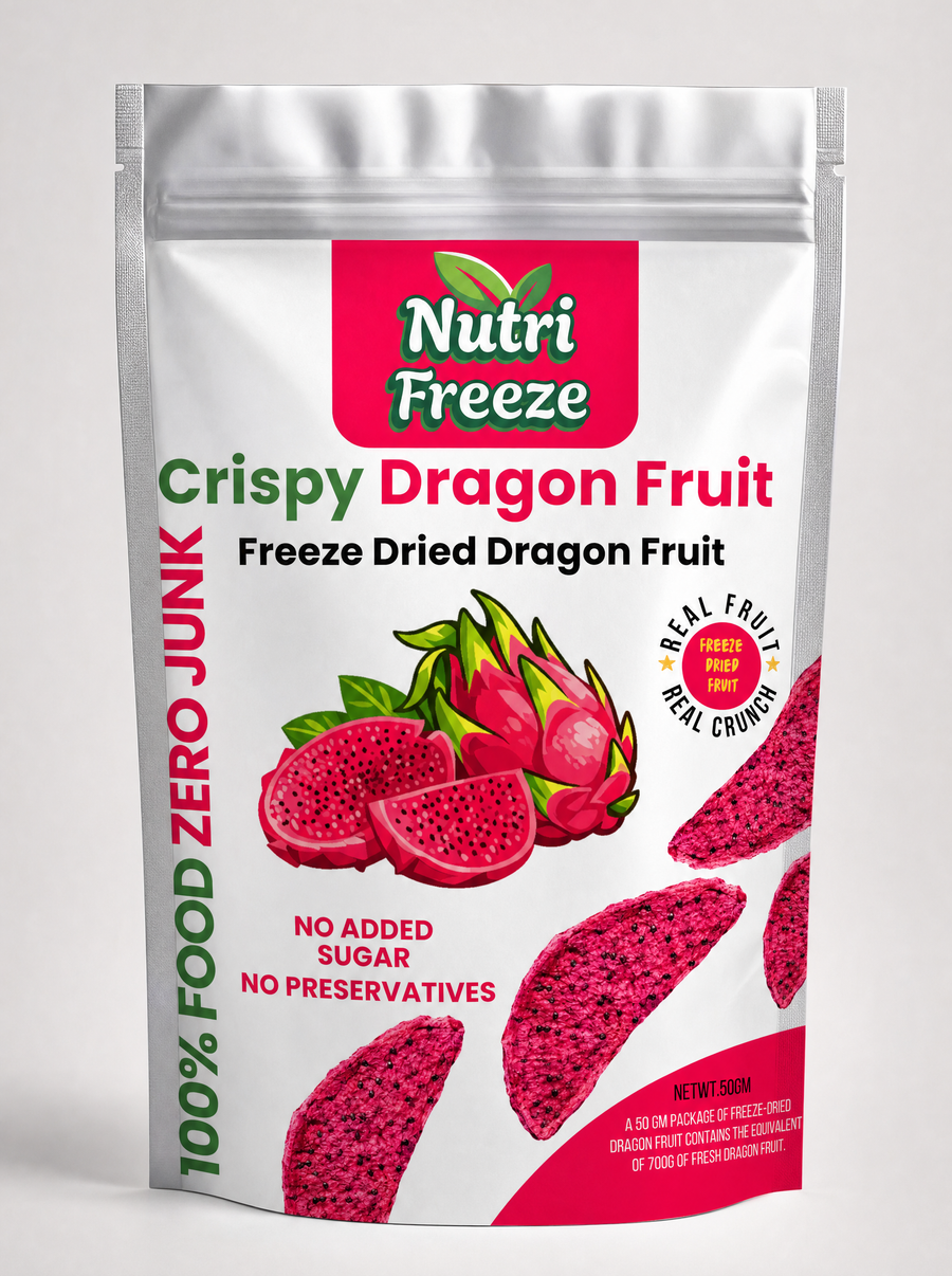 NutriFreeze Crispy Dragon Fruit 50 g freeze-dried fruit in a silver pouch with a pink label, front view