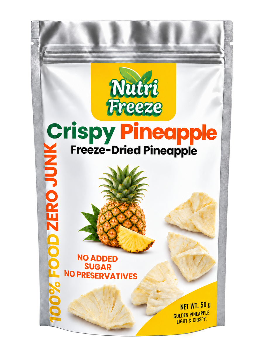 NutriFreeze Crispy Pineapple 50 g freeze-dried pineapple slices in a silver pouch, front view