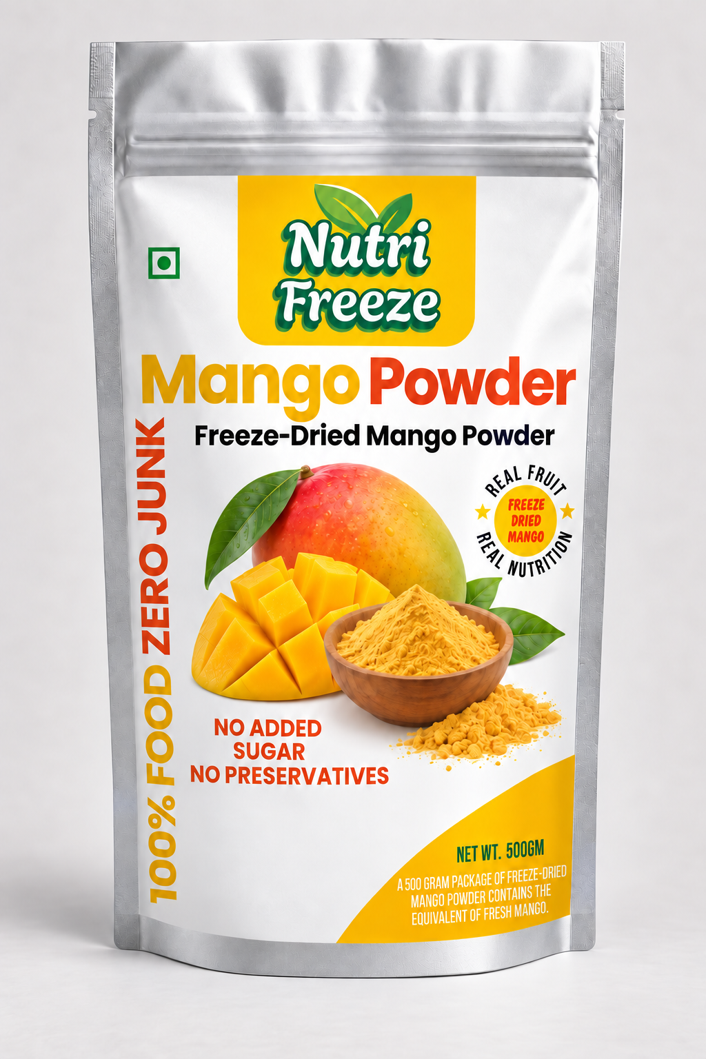 NutriFreeze freeze-dried mango powder 500 g silver pouch with mango and mango powder artwork