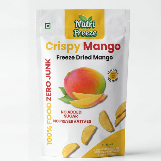 Nutri Freeze Crispy Mango freeze-dried snack package on a white background
